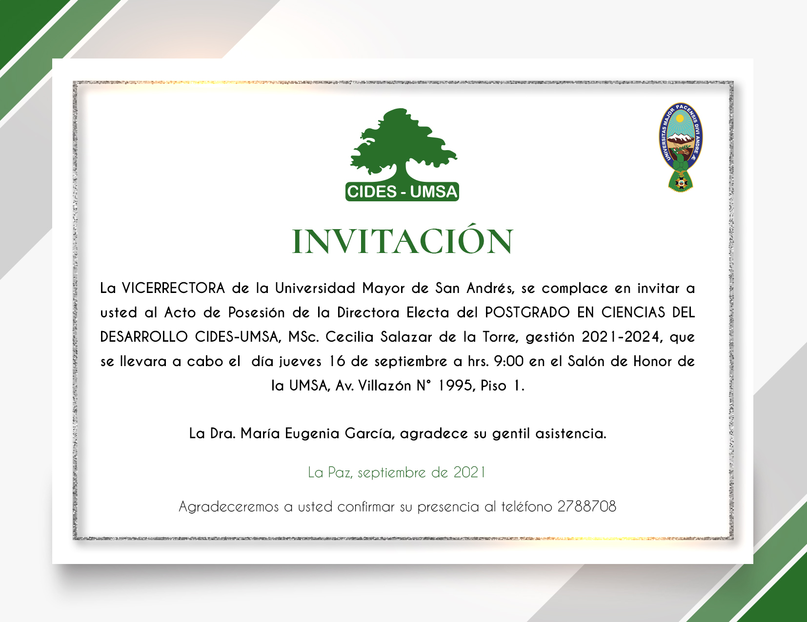 Acto de Posesión de la Directora Electa del POSTGRADO EN CIENCIAS DEL DESARROLLO CIDES-UMSA, MSc. Cecilia Salazar de la Torre